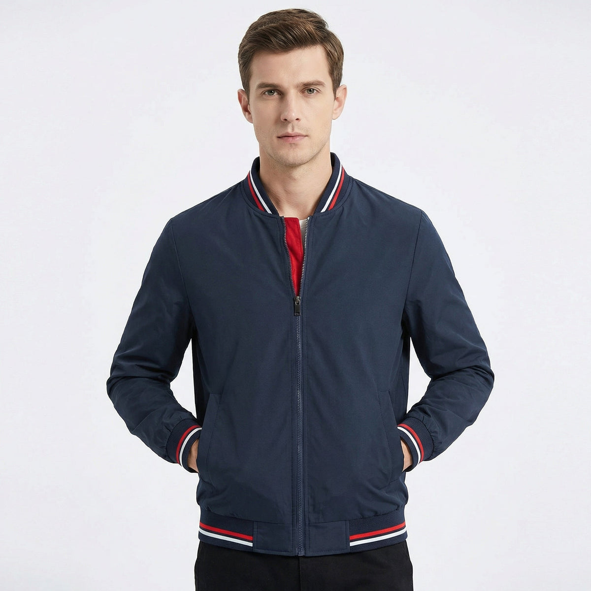 Men's Bomber Classic Varsity Stripe Zip-Up Bomber Autumn Jacket