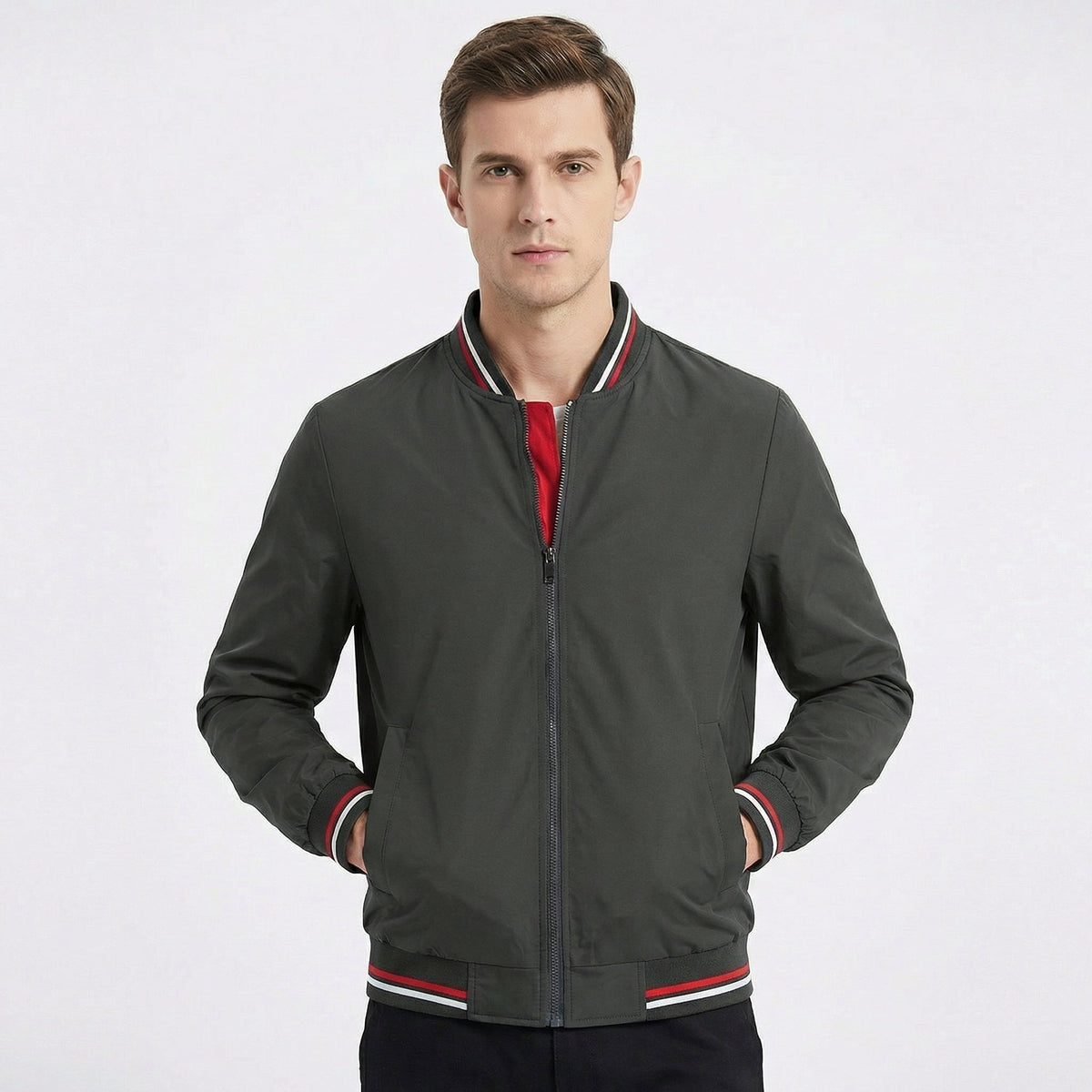 Men's Bomber Classic Varsity Stripe Zip-Up Bomber Autumn Jacket