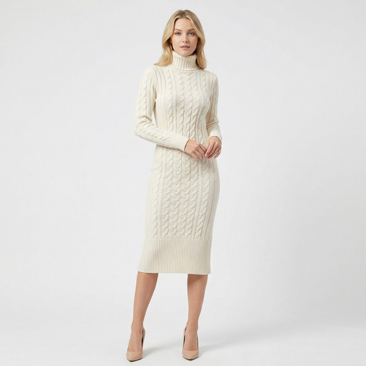 Women's Cable Knit Turtleneck Ribbed Hem Midi Sweater Winter Dress