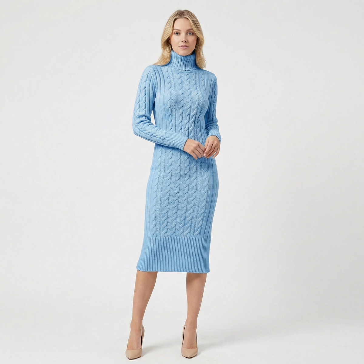 Women's Cable Knit Turtleneck Ribbed Hem Midi Sweater Winter Dress