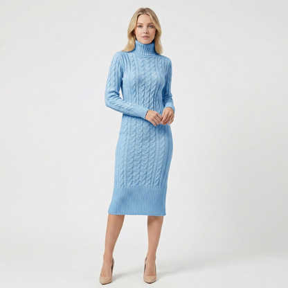 Women's Cable Knit Turtleneck Ribbed Hem Midi Sweater Winter Dress
