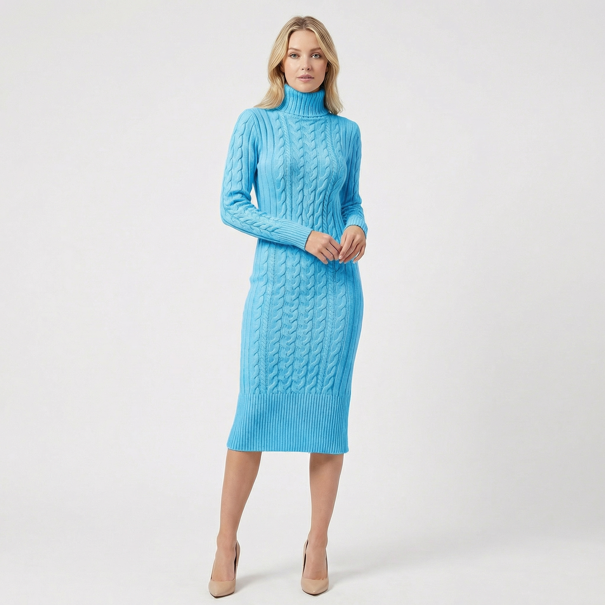 Women's Cable Knit Turtleneck Ribbed Hem Midi Sweater Winter Dress