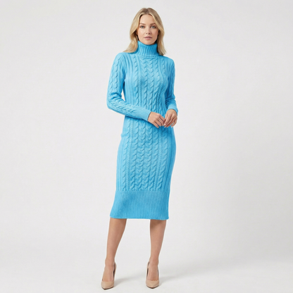 Women's Cable Knit Turtleneck Ribbed Hem Midi Sweater Winter Dress
