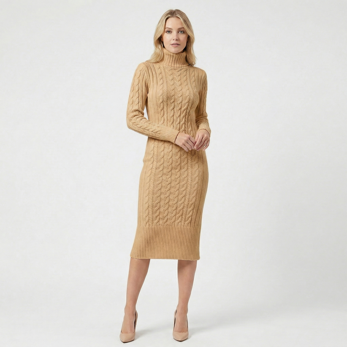 Women's Cable Knit Turtleneck Ribbed Hem Midi Sweater Winter Dress