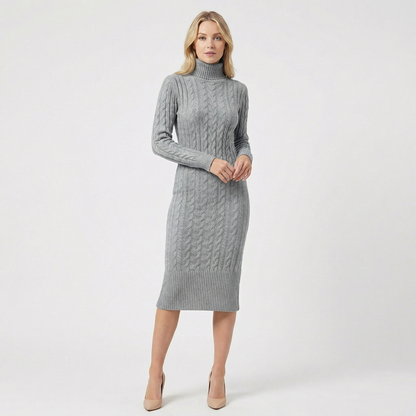 Women's Cable Knit Turtleneck Ribbed Hem Midi Sweater Winter Dress