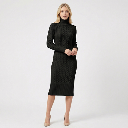 Women's Cable Knit Turtleneck Ribbed Hem Midi Sweater Winter Dress