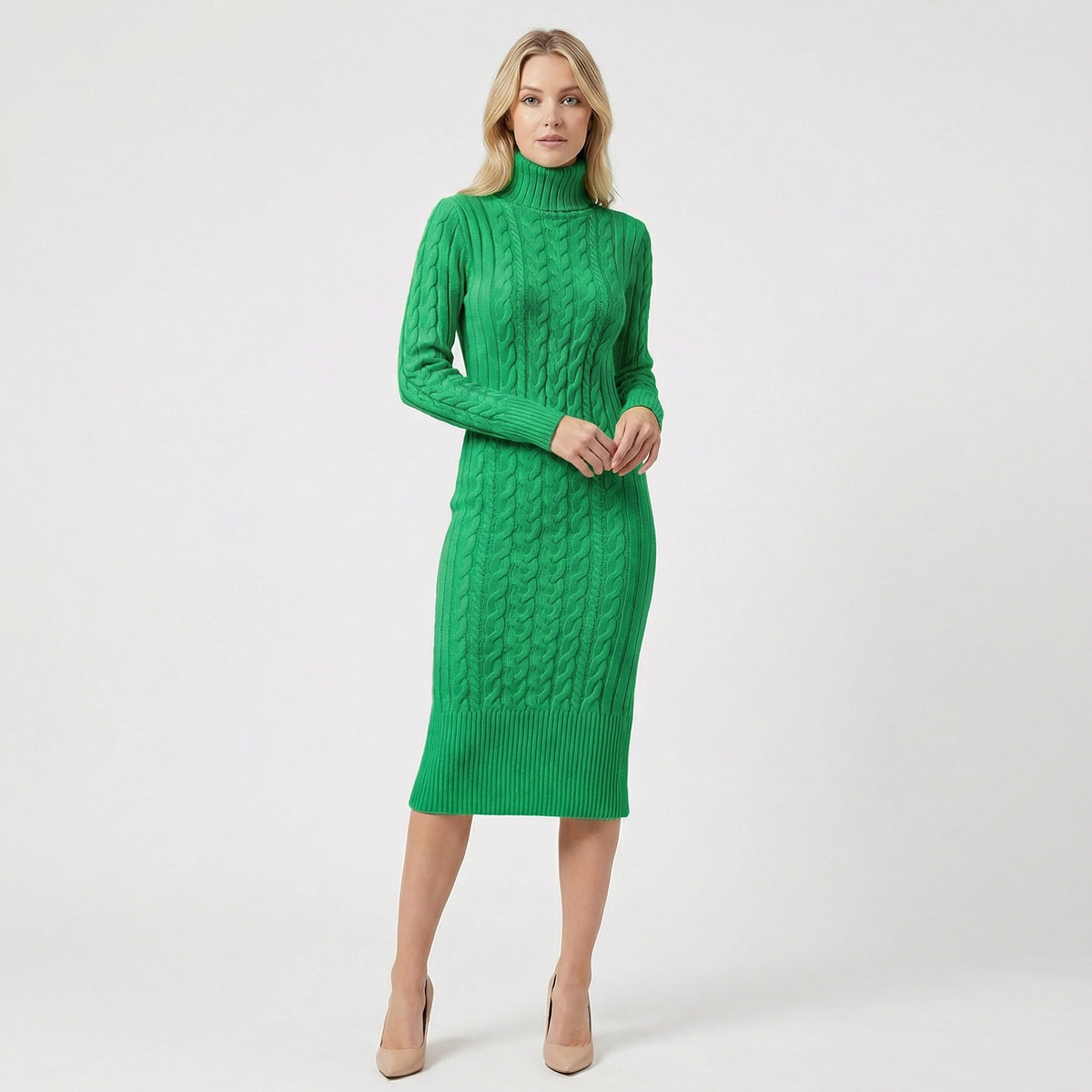 Women's Cable Knit Turtleneck Ribbed Hem Midi Sweater Winter Dress