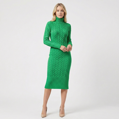 Women's Cable Knit Turtleneck Ribbed Hem Midi Sweater Winter Dress
