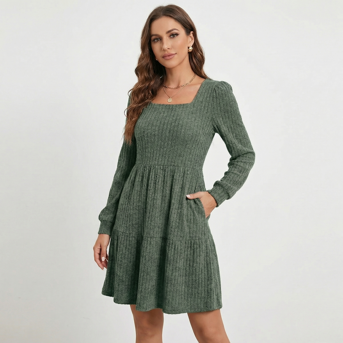 Women's Ribbed Knit Square Neck Tiered Mini Sweater Winter Dress