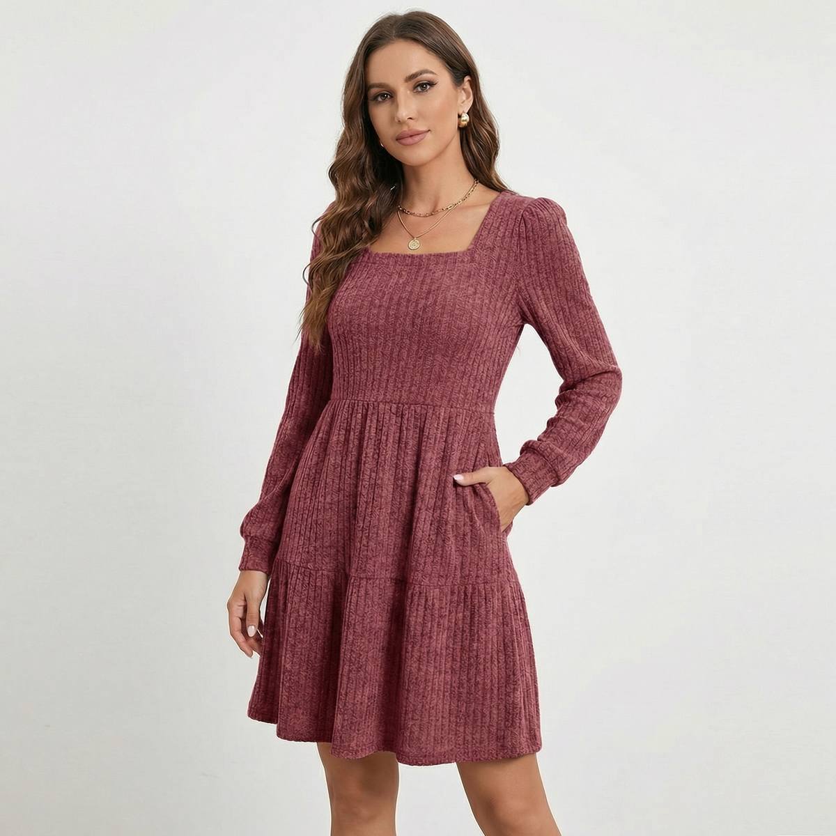 Women's Ribbed Knit Square Neck Tiered Mini Sweater Winter Dress