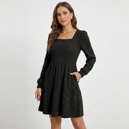 Women's Ribbed Knit Square Neck Tiered Mini Sweater Winter Dress