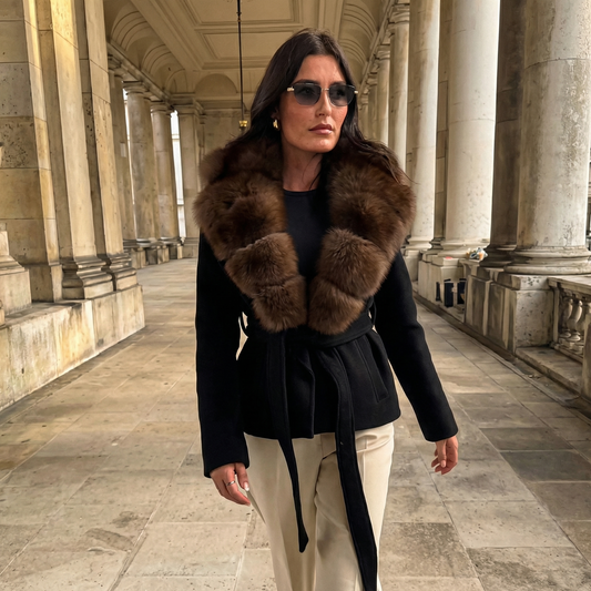Women's Wool Blend Faux-Fur Collar Elegant Wrap Winter Coat