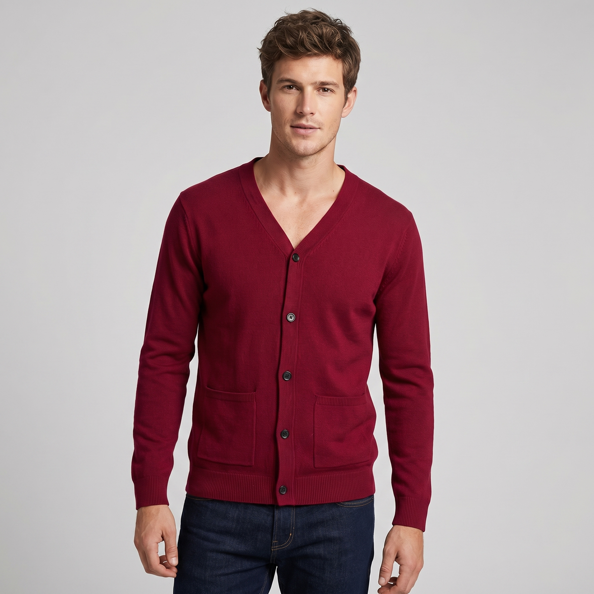 Men's V-Neck Button-Up Knit Cardigan Winter Sweater with Pockets