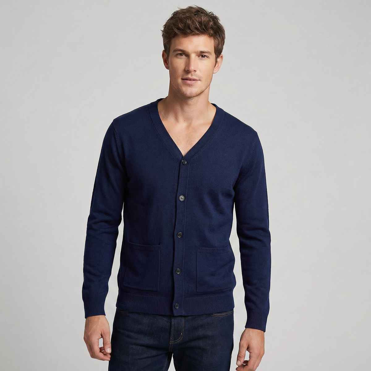 Men's V-Neck Button-Up Knit Cardigan Winter Sweater with Pockets
