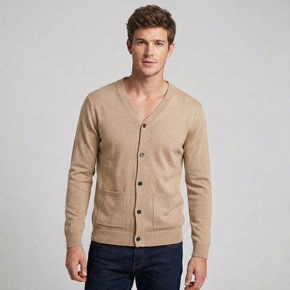 Men's V-Neck Button-Up Knit Cardigan Winter Sweater with Pockets