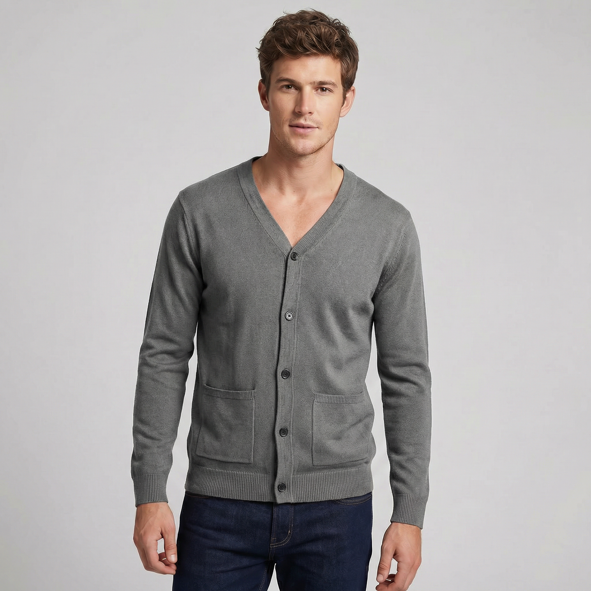 Men's V-Neck Button-Up Knit Cardigan Winter Sweater with Pockets