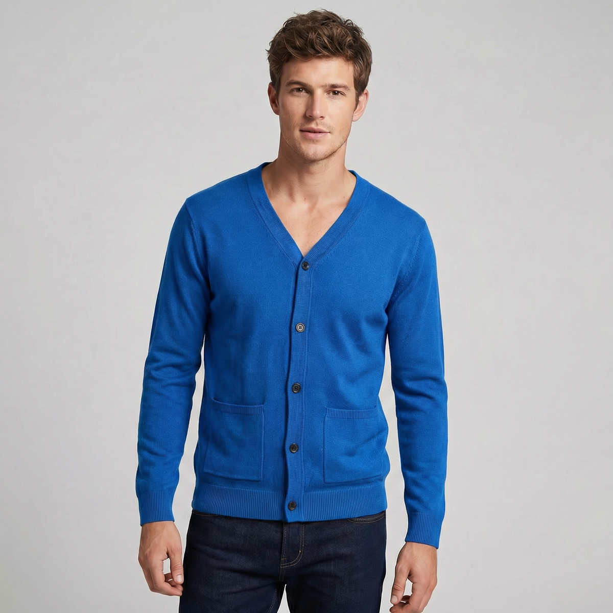 Men's V-Neck Button-Up Knit Cardigan Winter Sweater with Pockets
