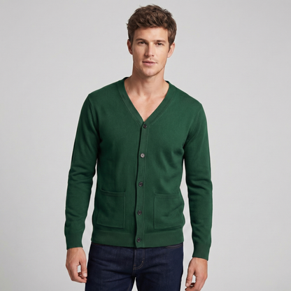Men's V-Neck Button-Up Knit Cardigan Winter Sweater with Pockets