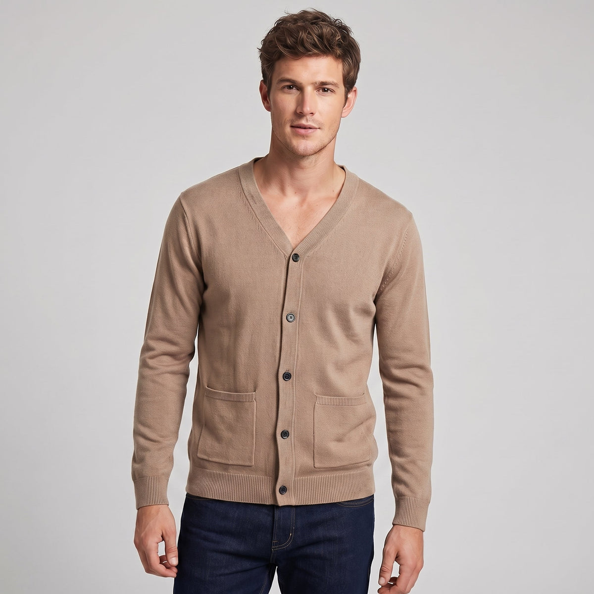 Men's V-Neck Button-Up Knit Cardigan Winter Sweater with Pockets