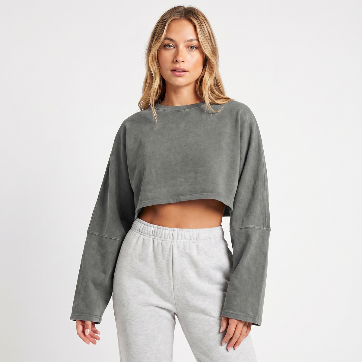 Women's Oversized Cropped Crew-Neck Sweatshirt Loungewear Winter Top