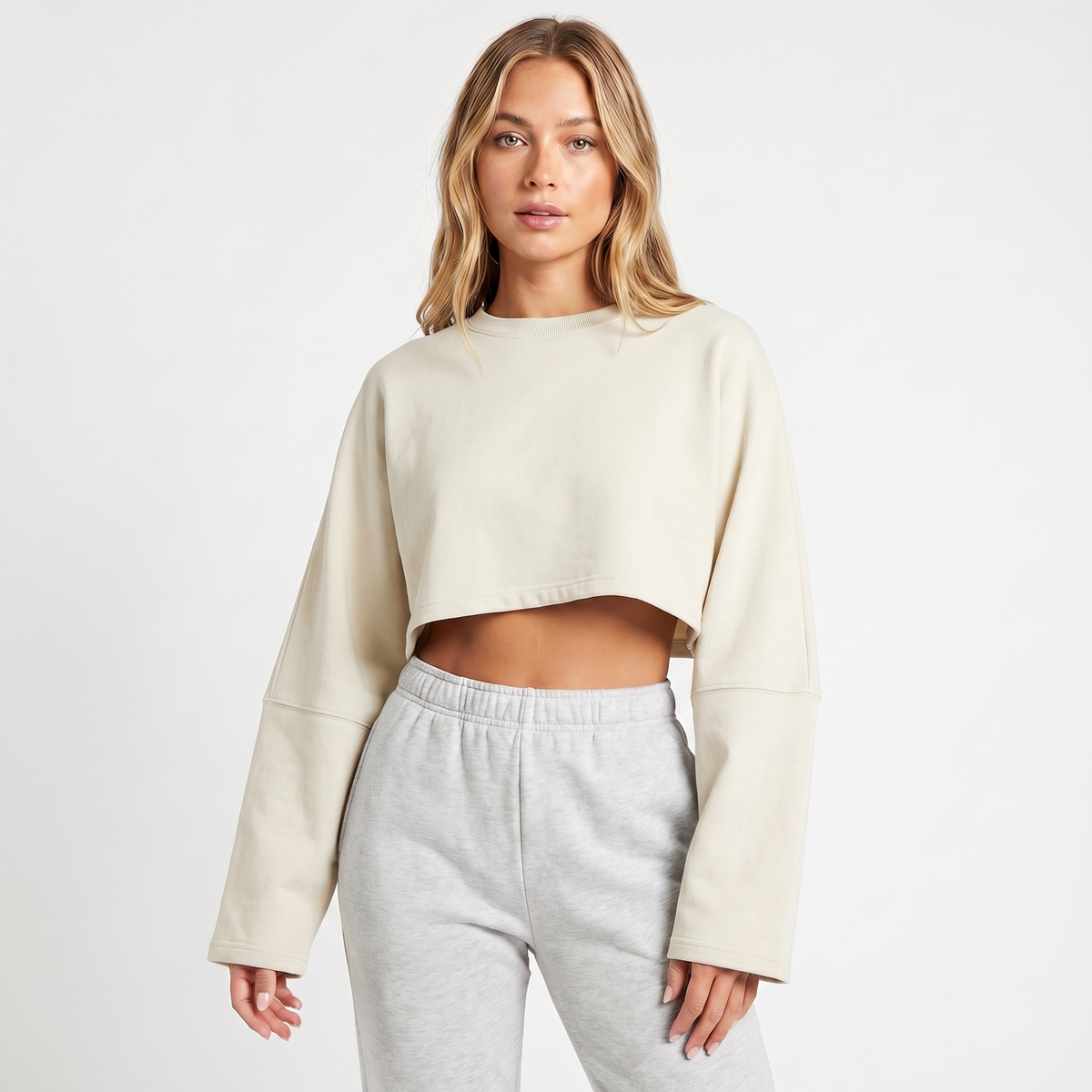Women's Oversized Cropped Crew-Neck Sweatshirt Loungewear Winter Top