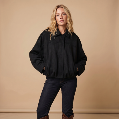 Women's Oversized Faux Suede Zip-Up Moto Bomber Autumn Jacket