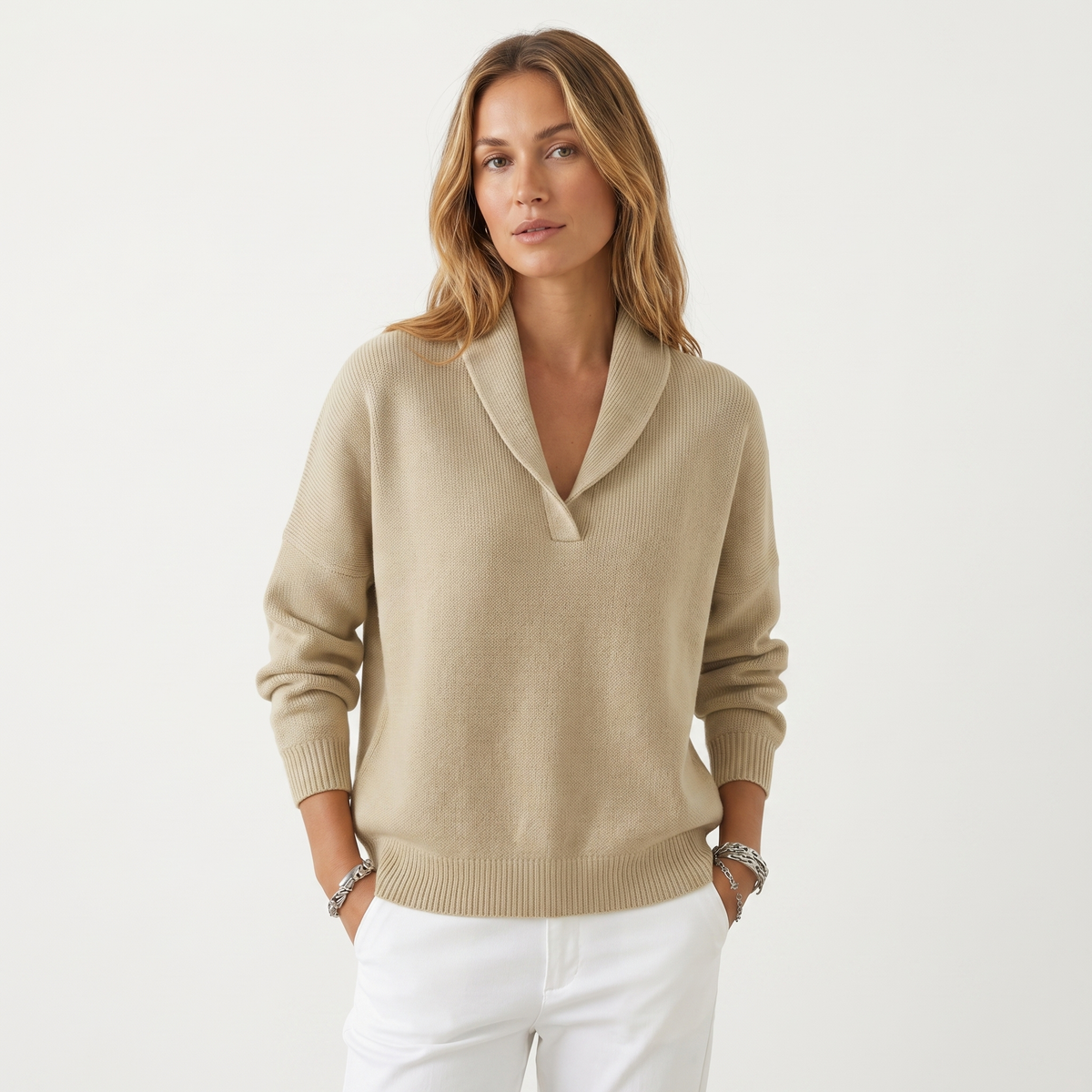Suéter de punto con cuello en V para mujer – Pulóver casual de punto suave de ajuste holgado