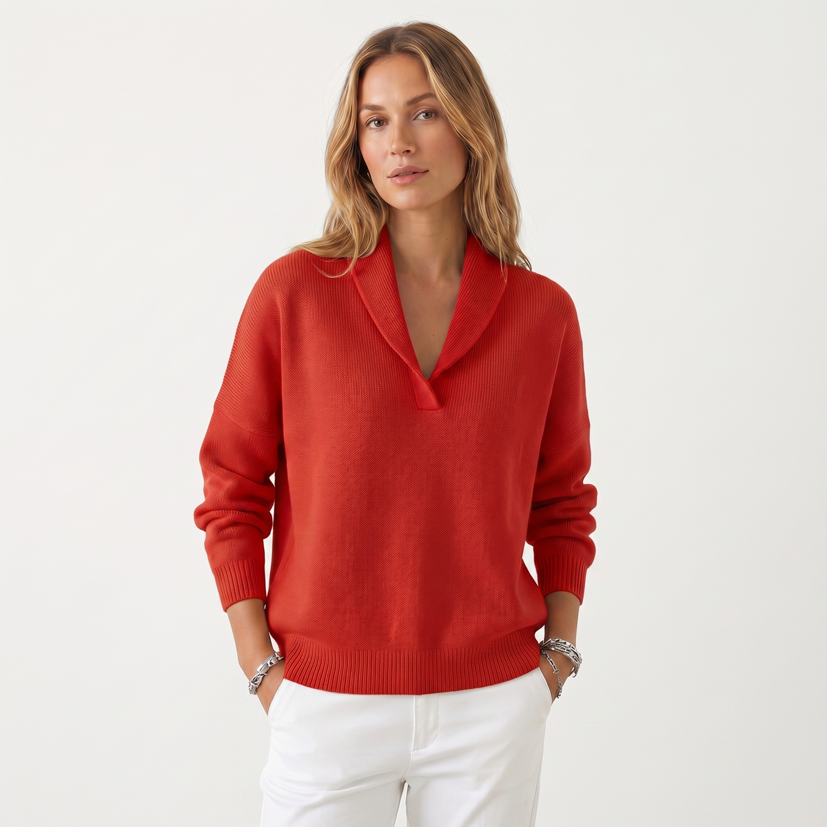 Suéter de punto con cuello en V para mujer – Pulóver casual de punto suave de ajuste holgado