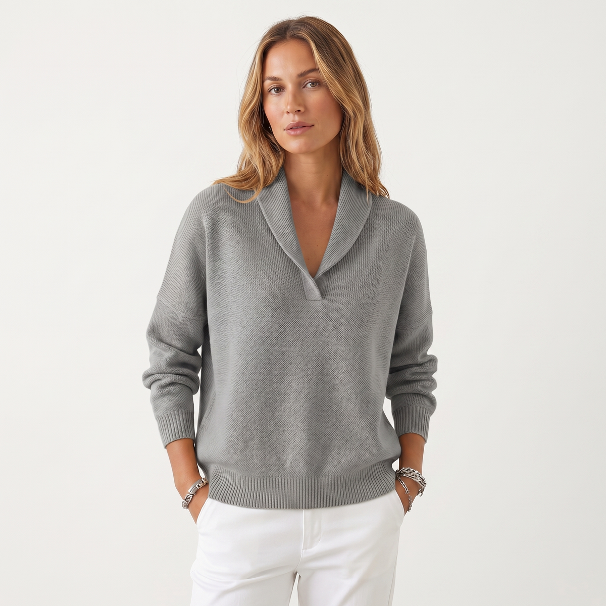 Suéter de punto con cuello en V para mujer – Pulóver casual de punto suave de ajuste holgado