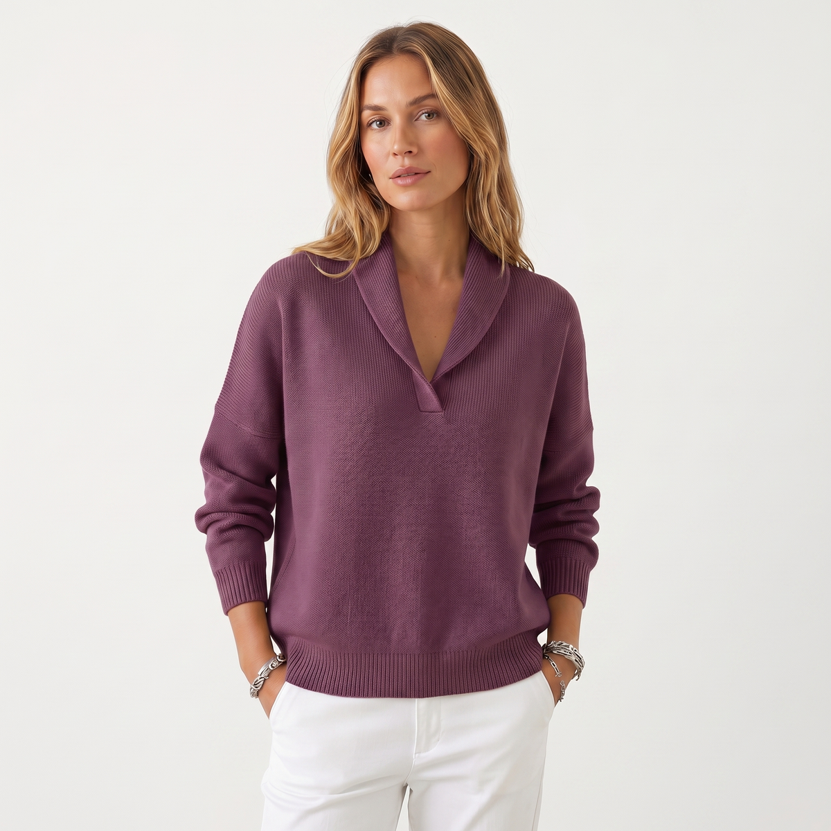 Suéter de punto con cuello en V para mujer – Pulóver casual de punto suave de ajuste holgado