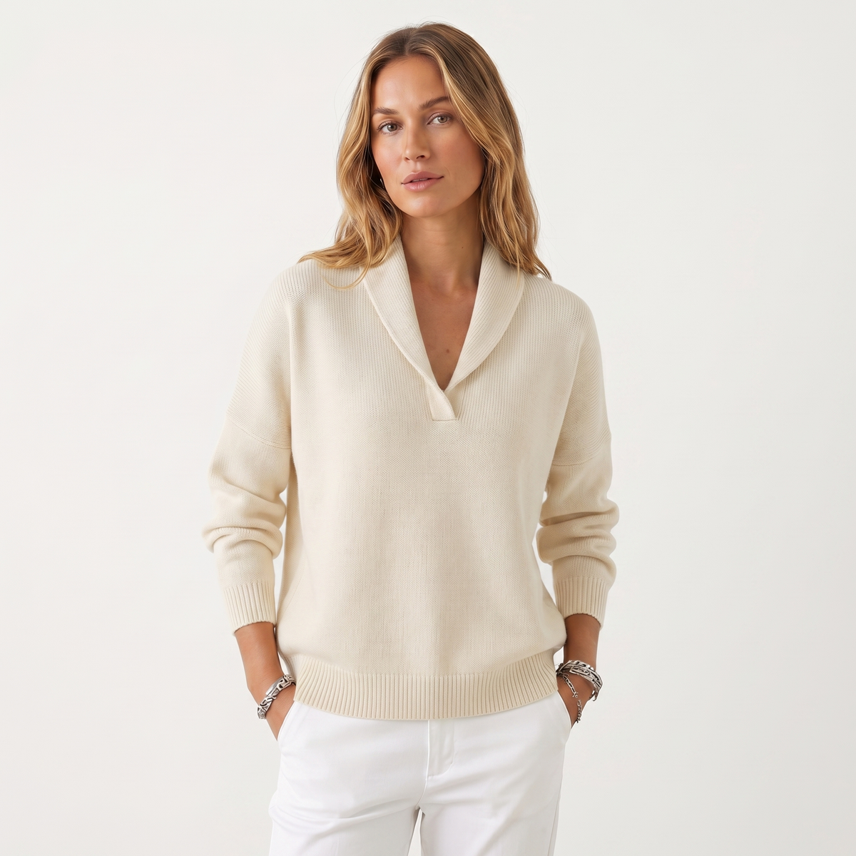 Suéter de punto con cuello en V para mujer – Pulóver casual de punto suave de ajuste holgado