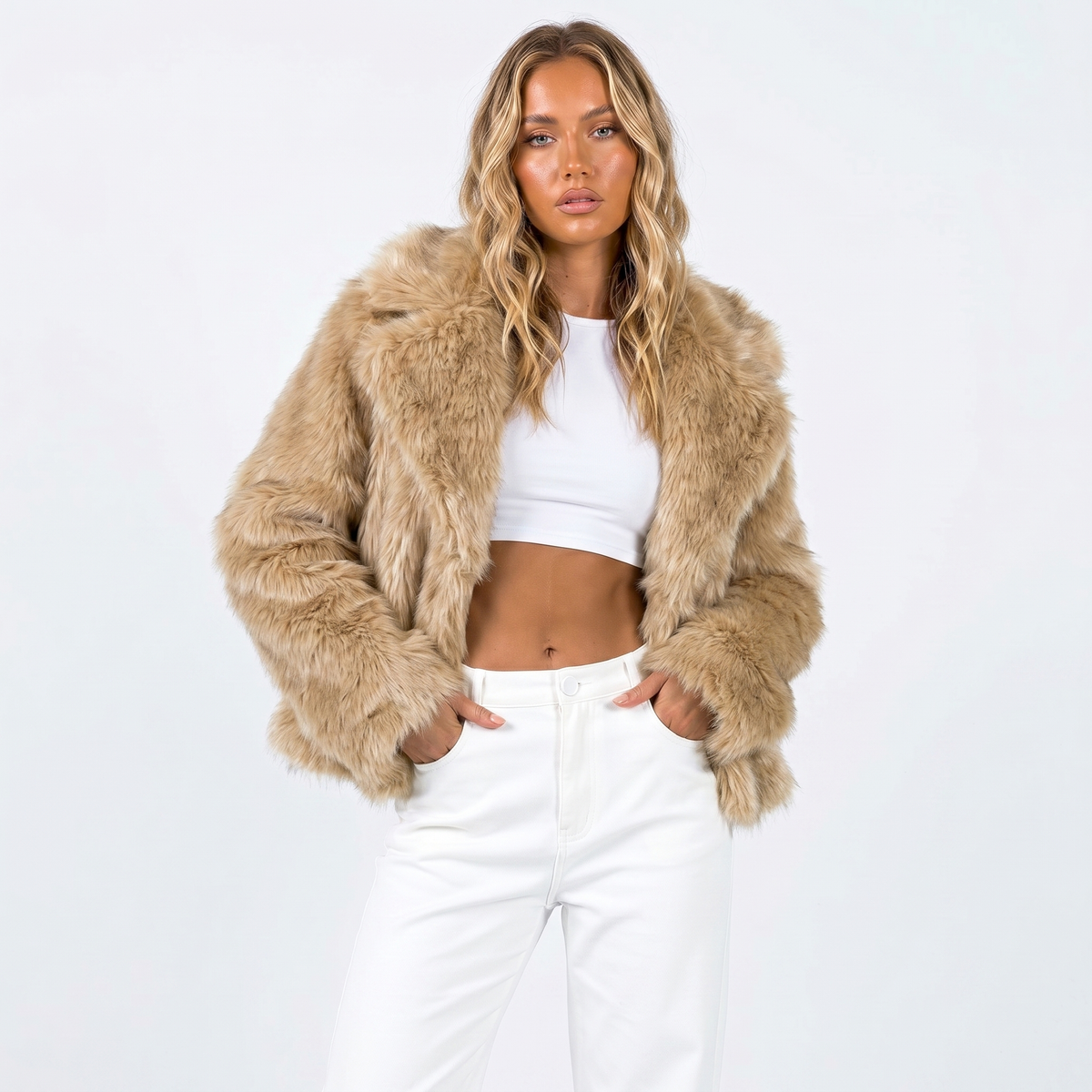 Women's Shaggy Faux-Fur Coat Oversized Winter Autumn Jacket Wide Lapel