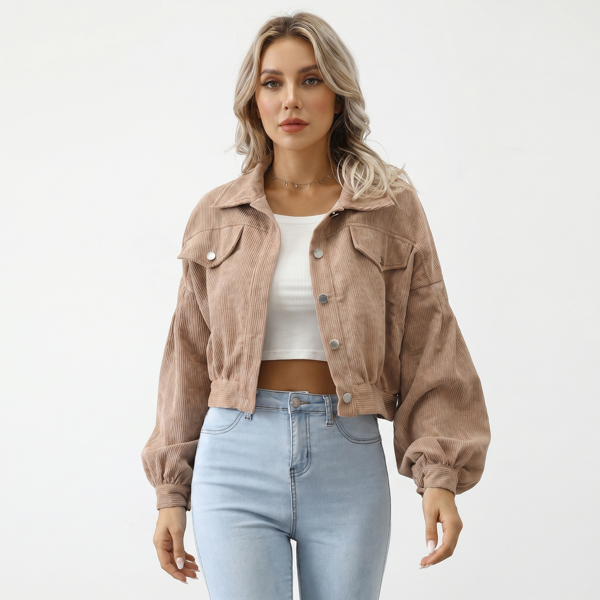 Chaqueta Corta de Pana Extragrande con Mangas Abullonadas y Botones para Mujer