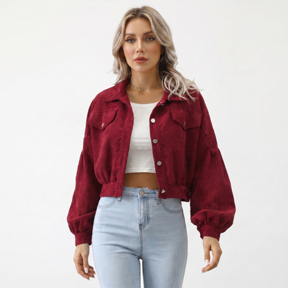 Chaqueta Corta de Pana Extragrande con Mangas Abullonadas y Botones para Mujer