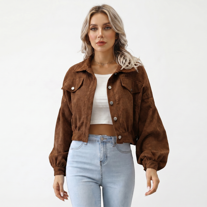 Chaqueta Corta de Pana Extragrande con Mangas Abullonadas y Botones para Mujer