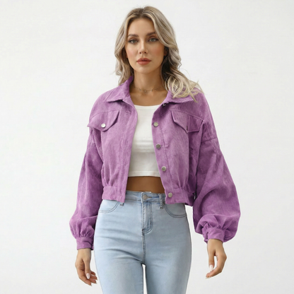 Chaqueta Corta de Pana Extragrande con Mangas Abullonadas y Botones para Mujer