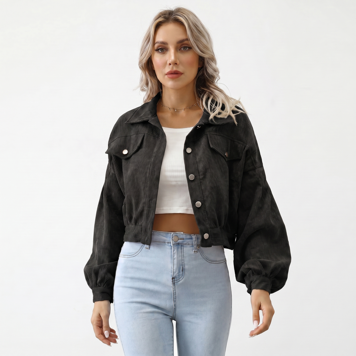 Chaqueta Corta de Pana Extragrande con Mangas Abullonadas y Botones para Mujer