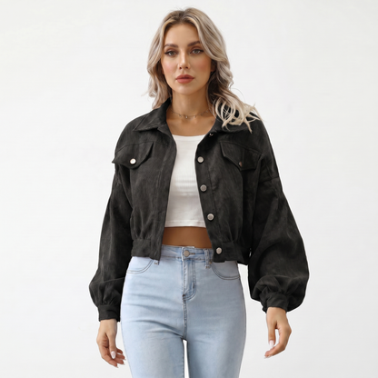 Chaqueta Corta de Pana Extragrande con Mangas Abullonadas y Botones para Mujer