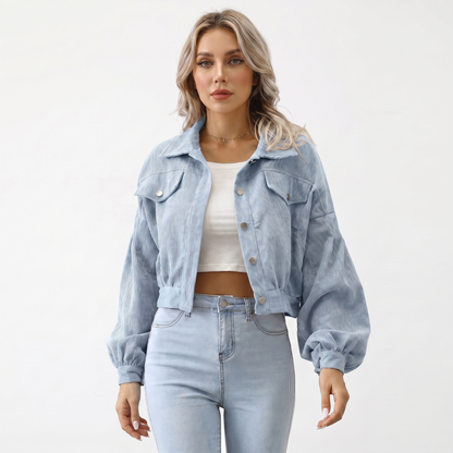 Chaqueta Corta de Pana Extragrande con Mangas Abullonadas y Botones para Mujer