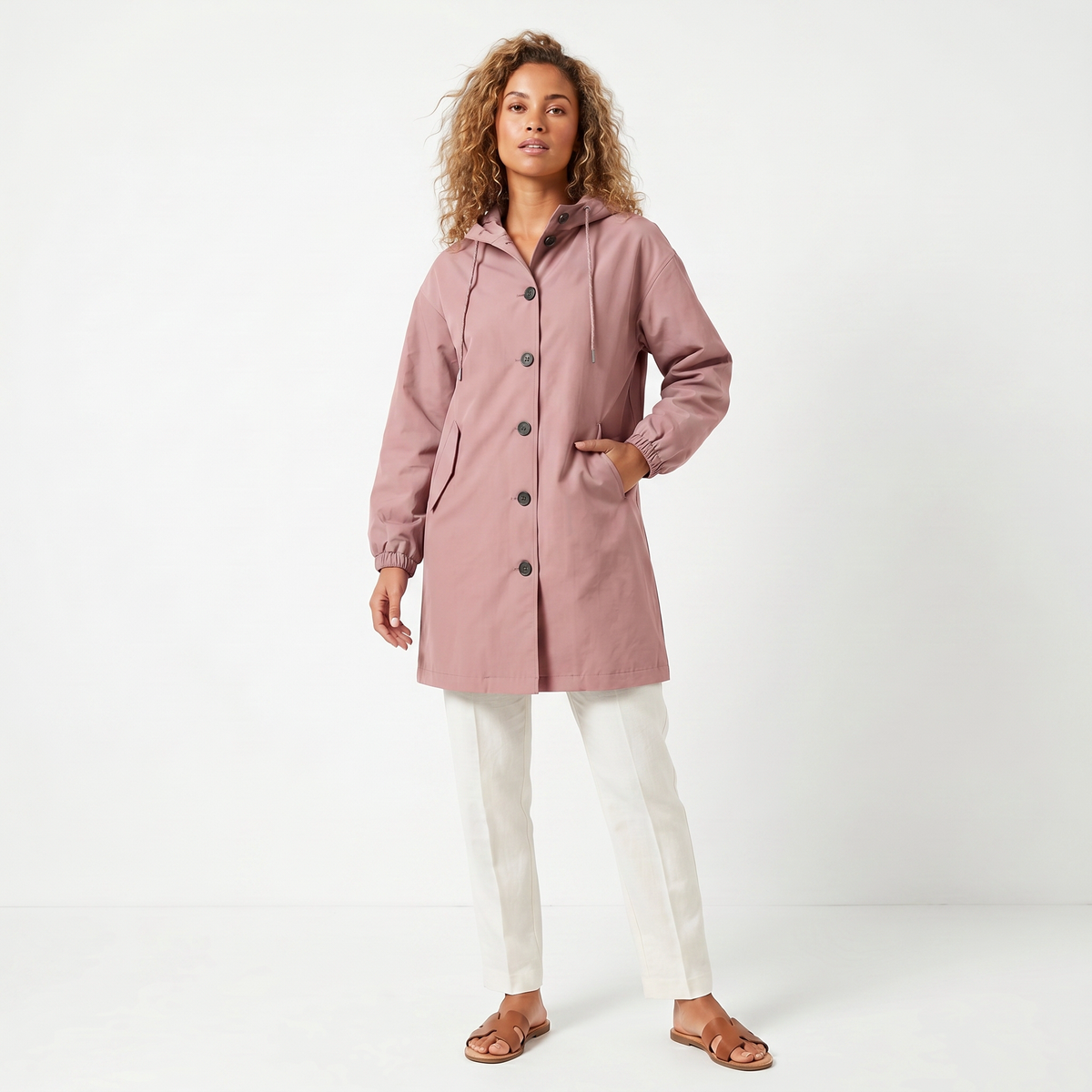 Women's Hooded Mid-Length Button-Up Trench Coat Waterproof Windbreaker