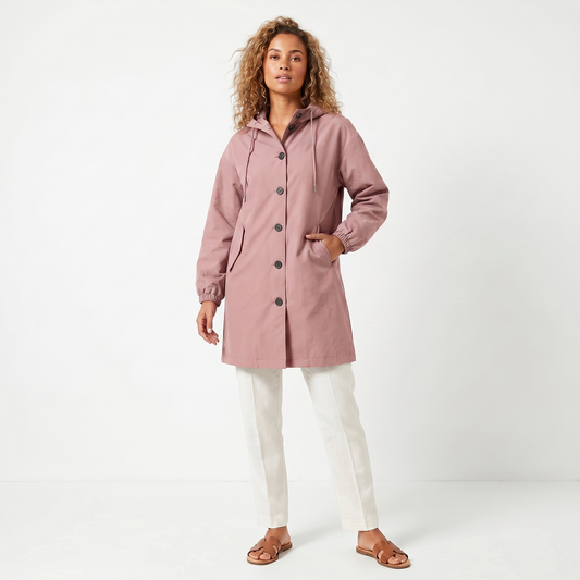 Women's Hooded Mid-Length Button-Up Trench Coat Waterproof Windbreaker