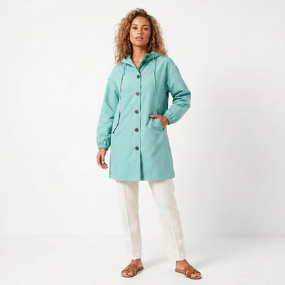Women's Hooded Mid-Length Button-Up Trench Coat Waterproof Windbreaker