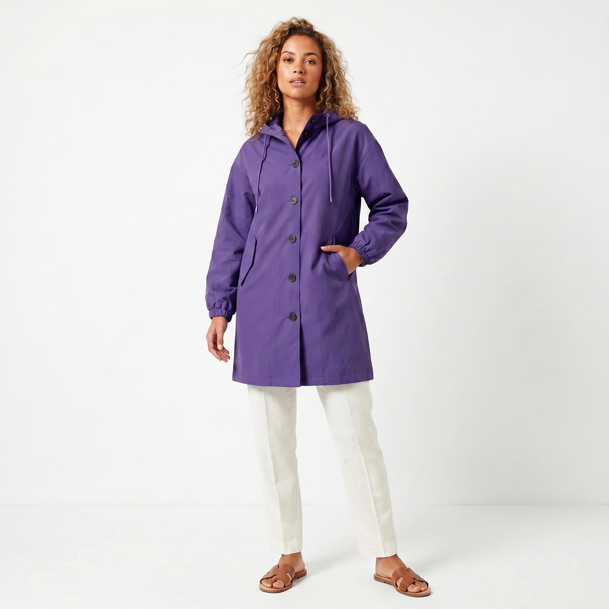 Women's Hooded Mid-Length Button-Up Trench Coat Waterproof Windbreaker