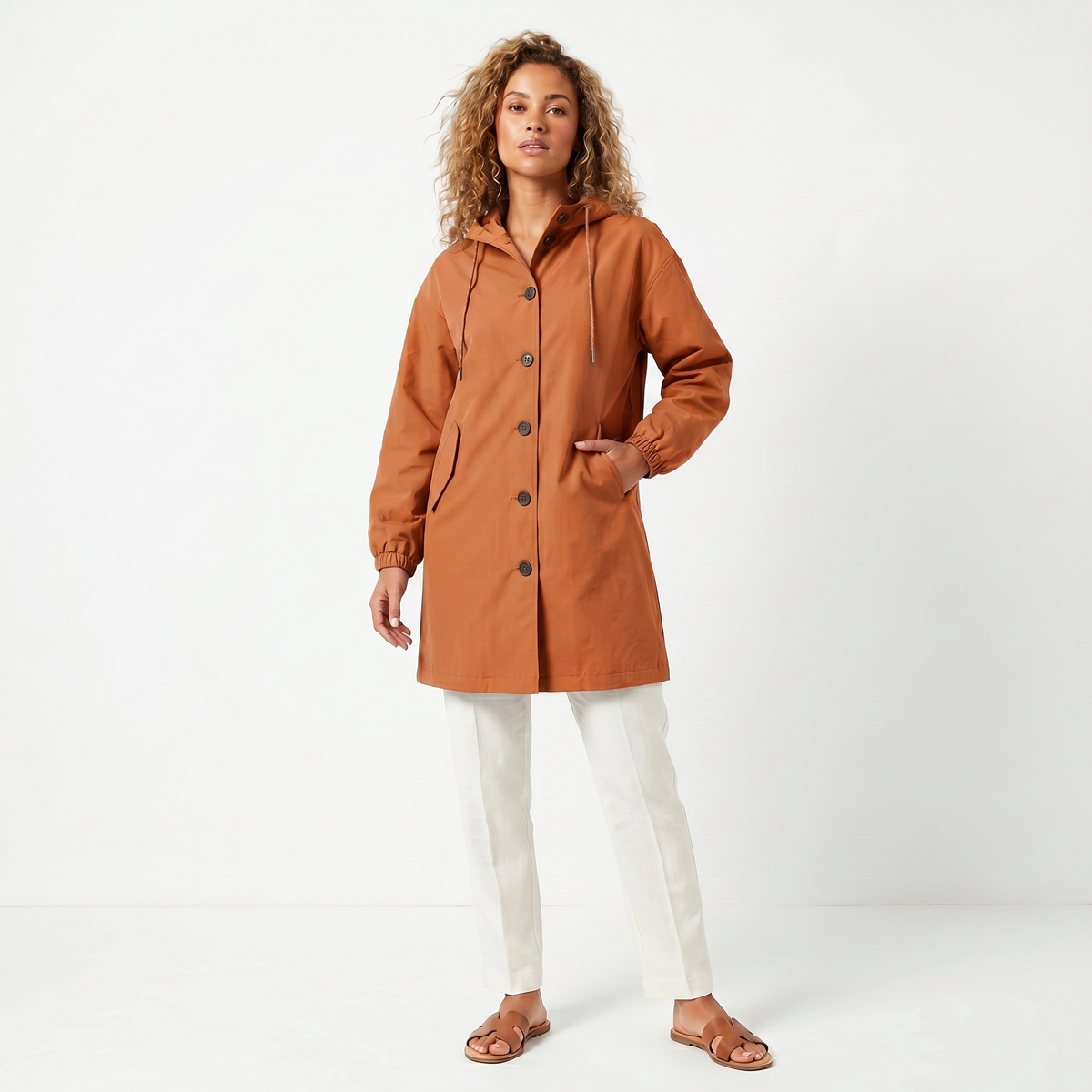 Women's Hooded Mid-Length Button-Up Trench Coat Waterproof Windbreaker