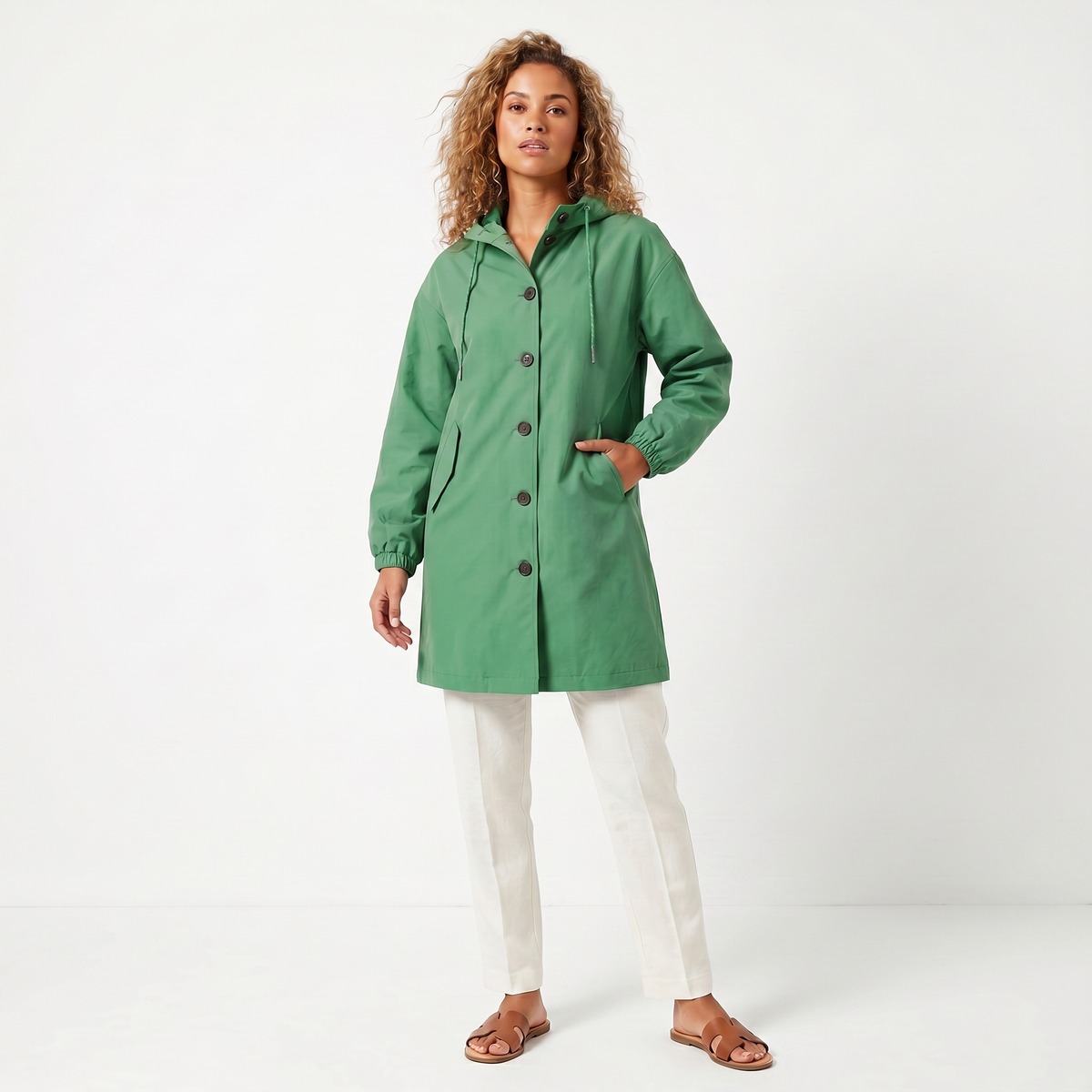 Women's Hooded Mid-Length Button-Up Trench Coat Waterproof Windbreaker