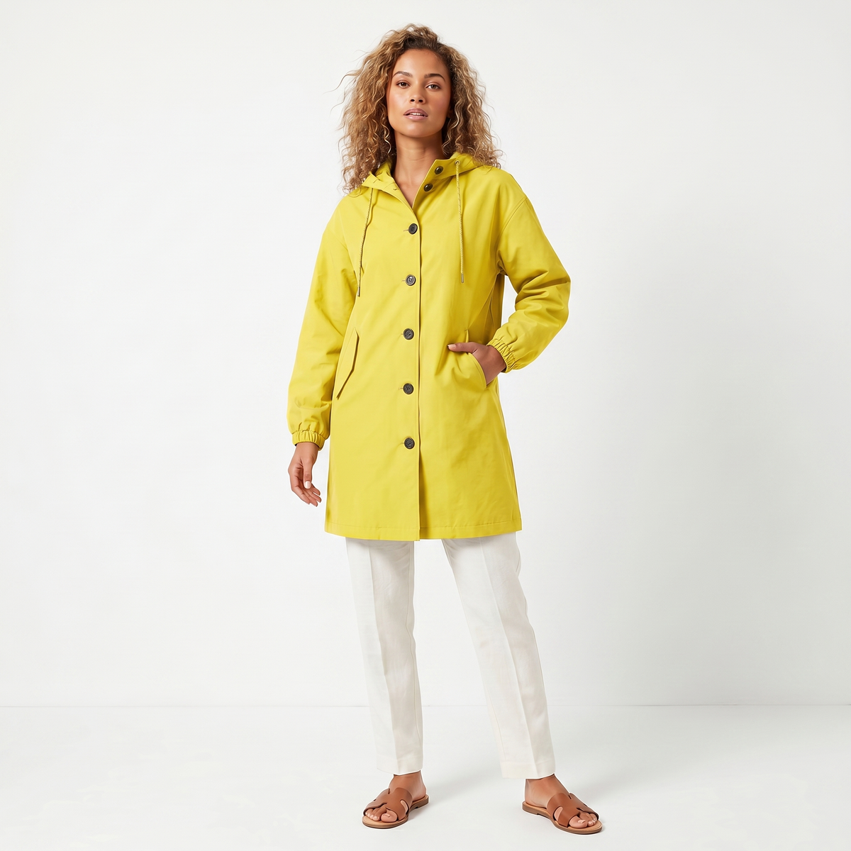 Women's Hooded Mid-Length Button-Up Trench Coat Waterproof Windbreaker