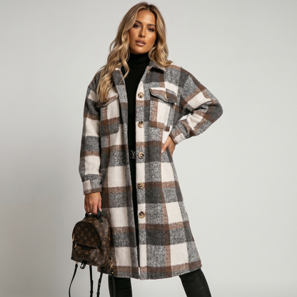 Women's Plaid Print Trench Coat Oversized Checked Autumn Jacket Outerwear