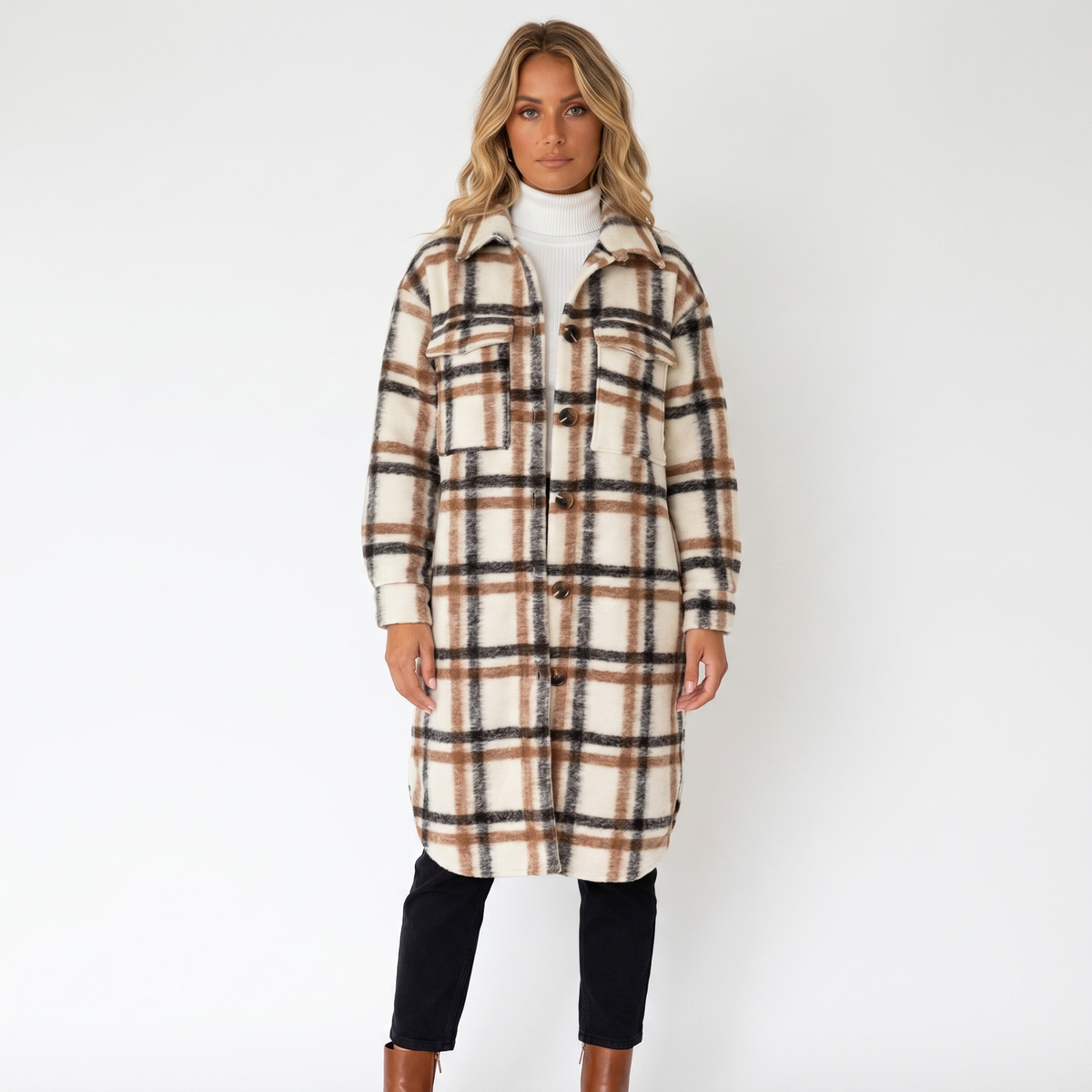 Women's Plaid Print Trench Coat Oversized Checked Autumn Jacket Outerwear