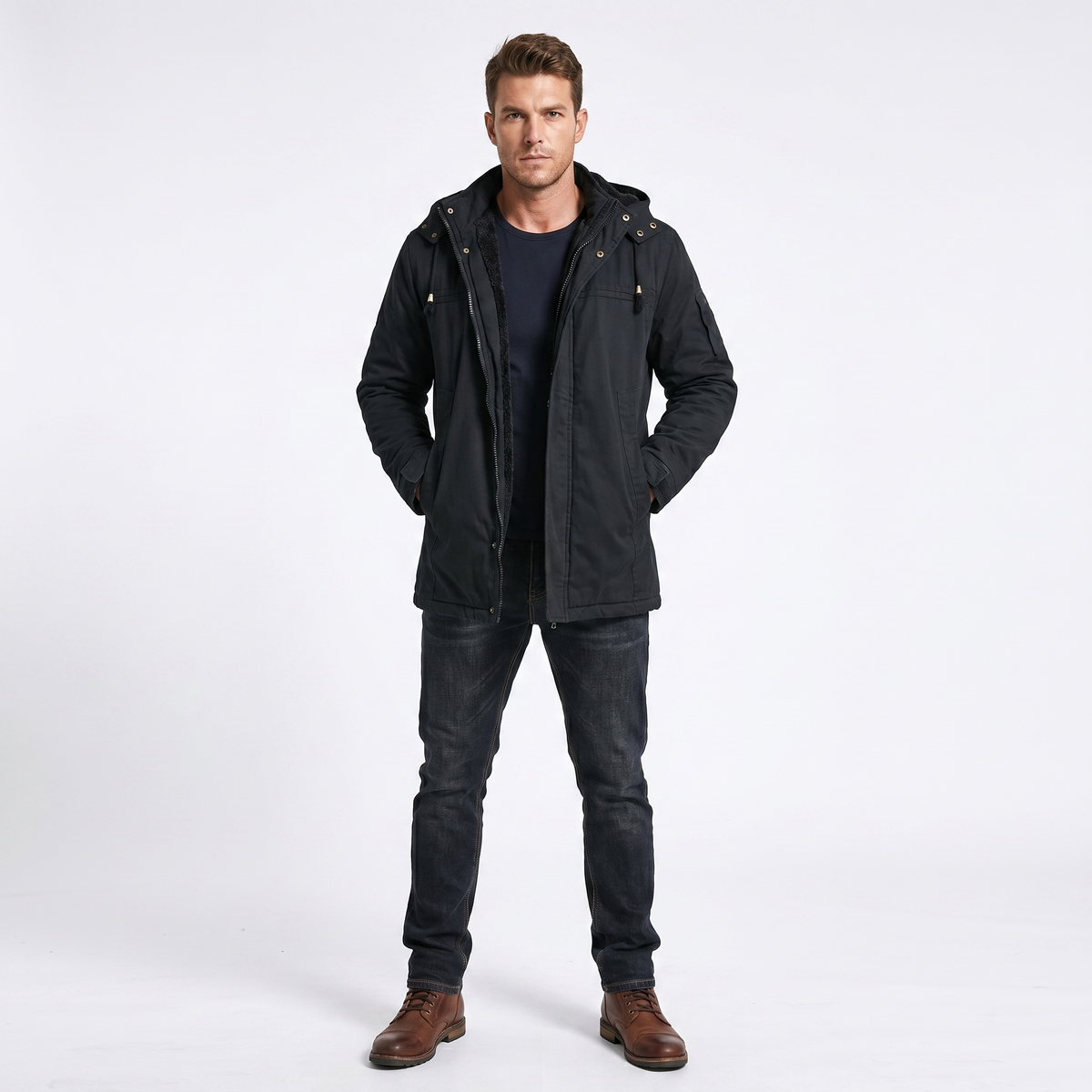 Men's Fleece Lined Hooded Zip Trench Coat – Warm Winter Jacket