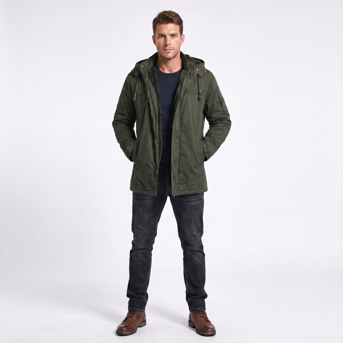 Men's Fleece Lined Hooded Zip Trench Coat – Warm Winter Jacket